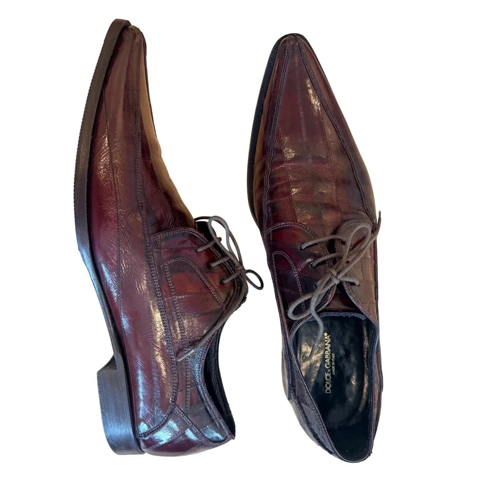 Dolce & Gabbana Mens Eel Skin Pointed Toe Oxford Shoes Burgundy Wine Size 9/42EU